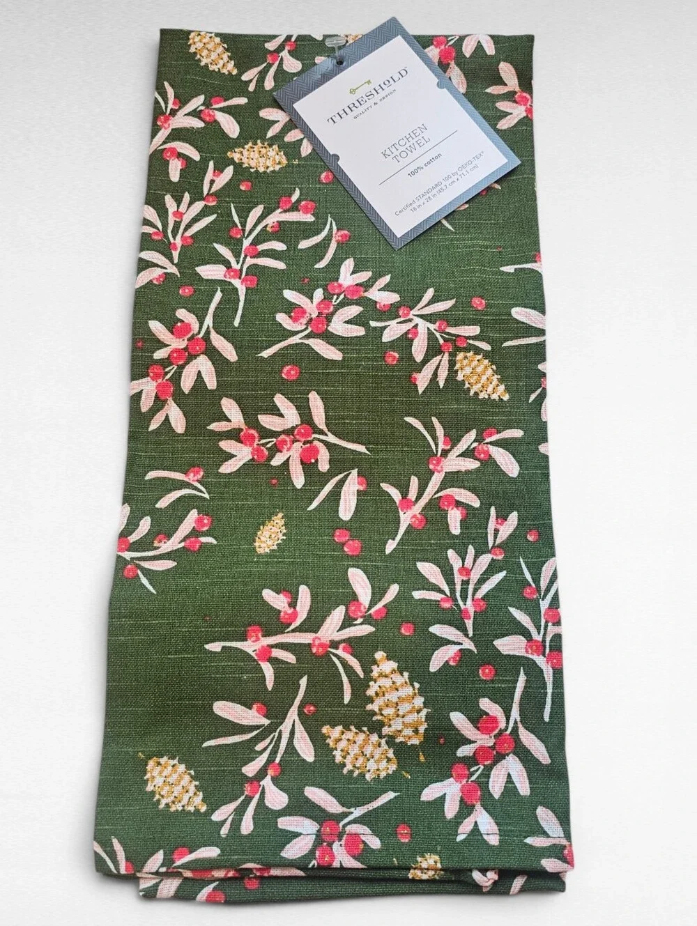 Threshold 3 Pack Cotton Kitchen Towel Green with Winter Berries